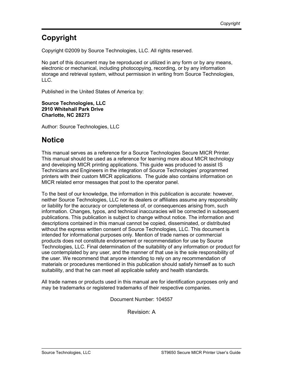 Copyright, Notice | Source Technologies MICR ST9650 User Manual | Page 2 / 79