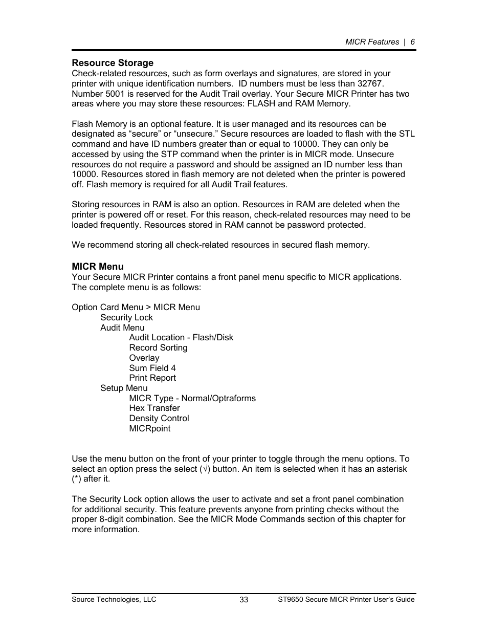 Resource storage 33, Micr menu 33, Resource storage | Micr menu | Source Technologies MICR ST9650 User Manual | Page 33 / 79