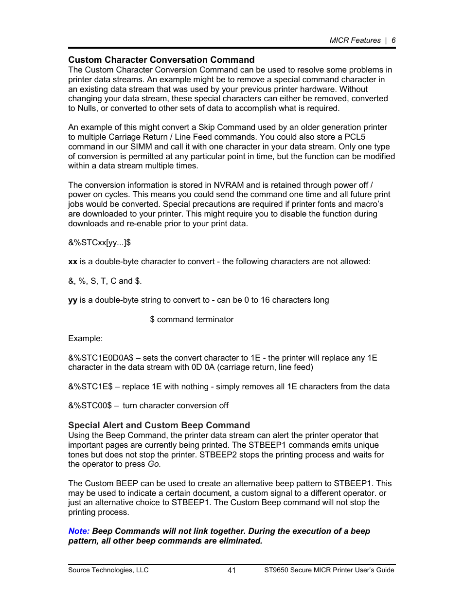 Custom character conversation command 41, Special alert and custom beep command 41, Custom character conversation command | Special alert and custom beep command | Source Technologies MICR ST9650 User Manual | Page 41 / 79