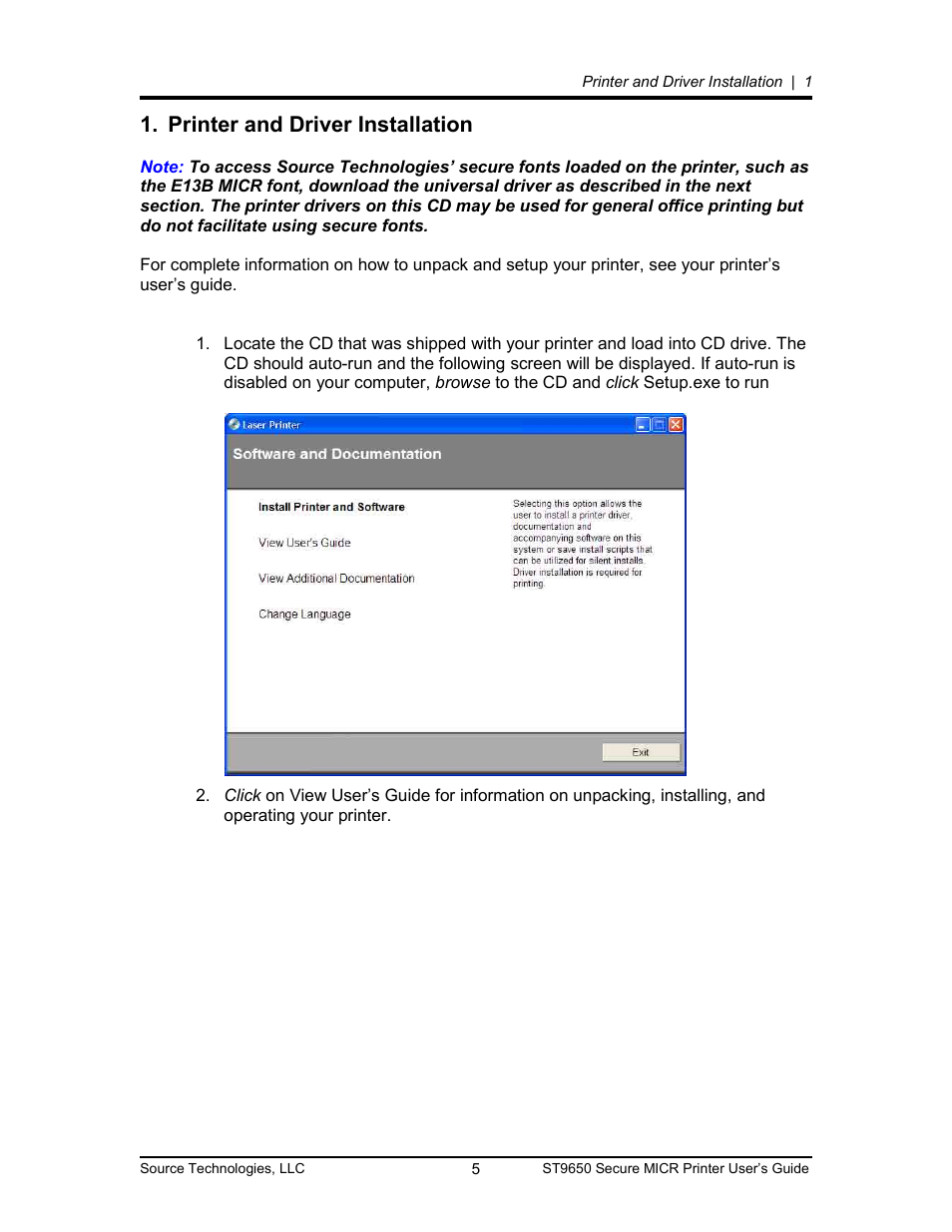 Printer and driver installation 5, Printer and driver installation | Source Technologies MICR ST9650 User Manual | Page 5 / 79