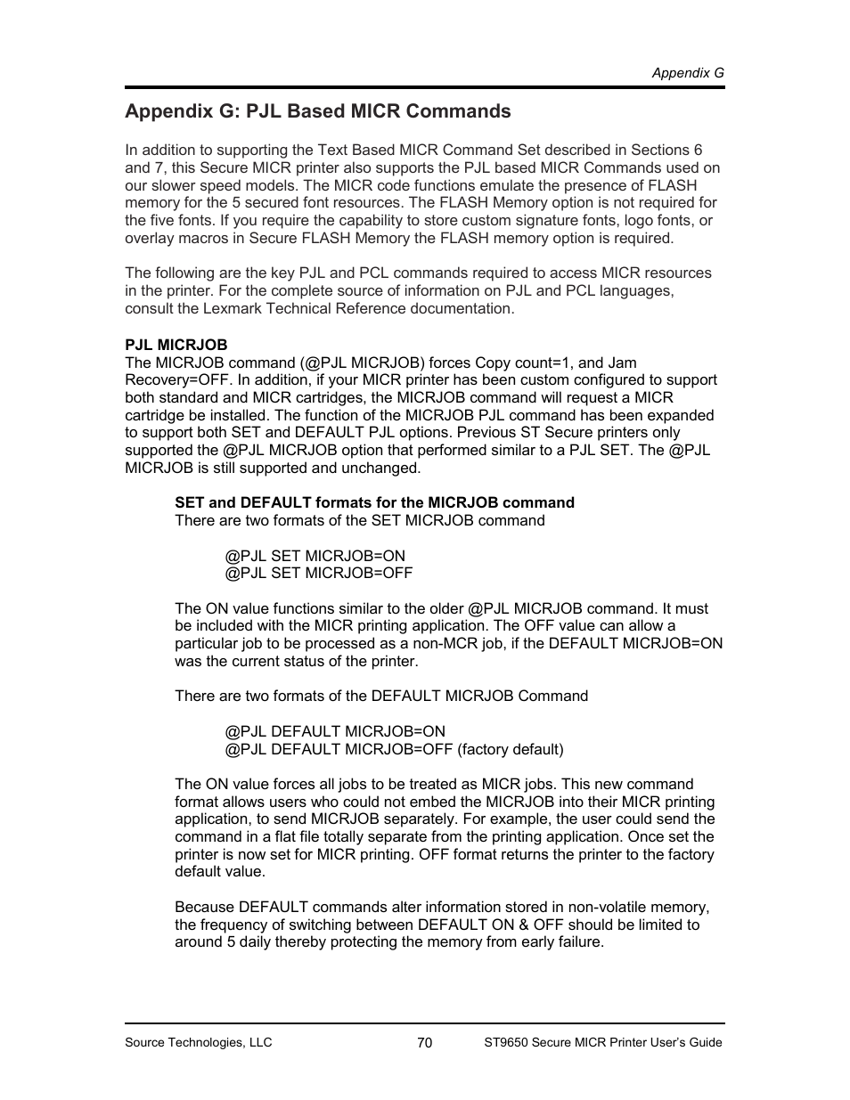Appendix g: pjl based micr commands 70, Pjl micrjob 70, Appendix g: pjl based micr commands | Pjl micrjob | Source Technologies MICR ST9650 User Manual | Page 72 / 79