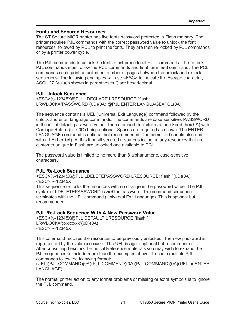 Fonts and secured resources 71, Pjl unlock sequence 71, Pjl re-lock sequence 71 | Pjl re-lock sequence with a new password value 71, Fonts and secured resources, Pjl unlock sequence, Pjl re-lock sequence, Pjl re-lock sequence with a new password value | Source Technologies MICR ST9650 User Manual | Page 73 / 79