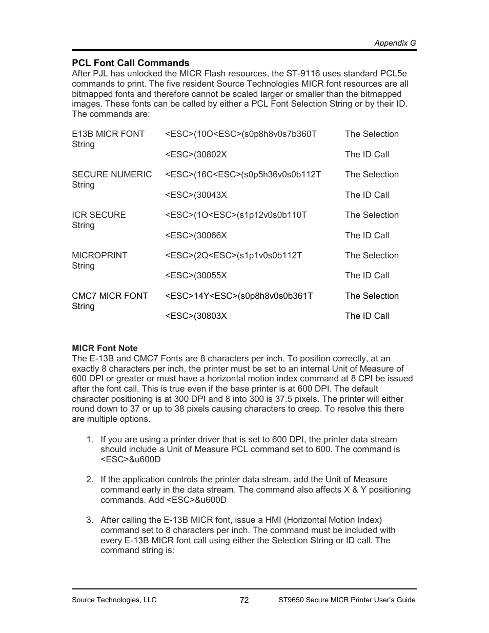 Pcl font call commands 72, Micr font note 72, Pcl font call commands | Micr font note | Source Technologies MICR ST9650 User Manual | Page 74 / 79