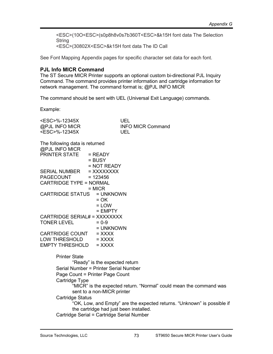 Pjl info micr command 73, Pjl info micr command | Source Technologies MICR ST9650 User Manual | Page 75 / 79