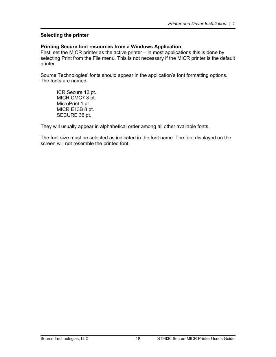 Selecting the printer 18, Selecting the printer | Source Technologies SECURE MICR PRINTER ST9630 User Manual | Page 18 / 79