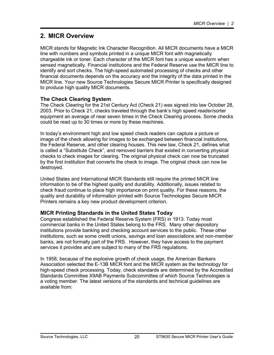Micr overview 20, The check clearing system 20, Micr overview | The check clearing system, Micr printing standards in the united states today | Source Technologies SECURE MICR PRINTER ST9630 User Manual | Page 20 / 79