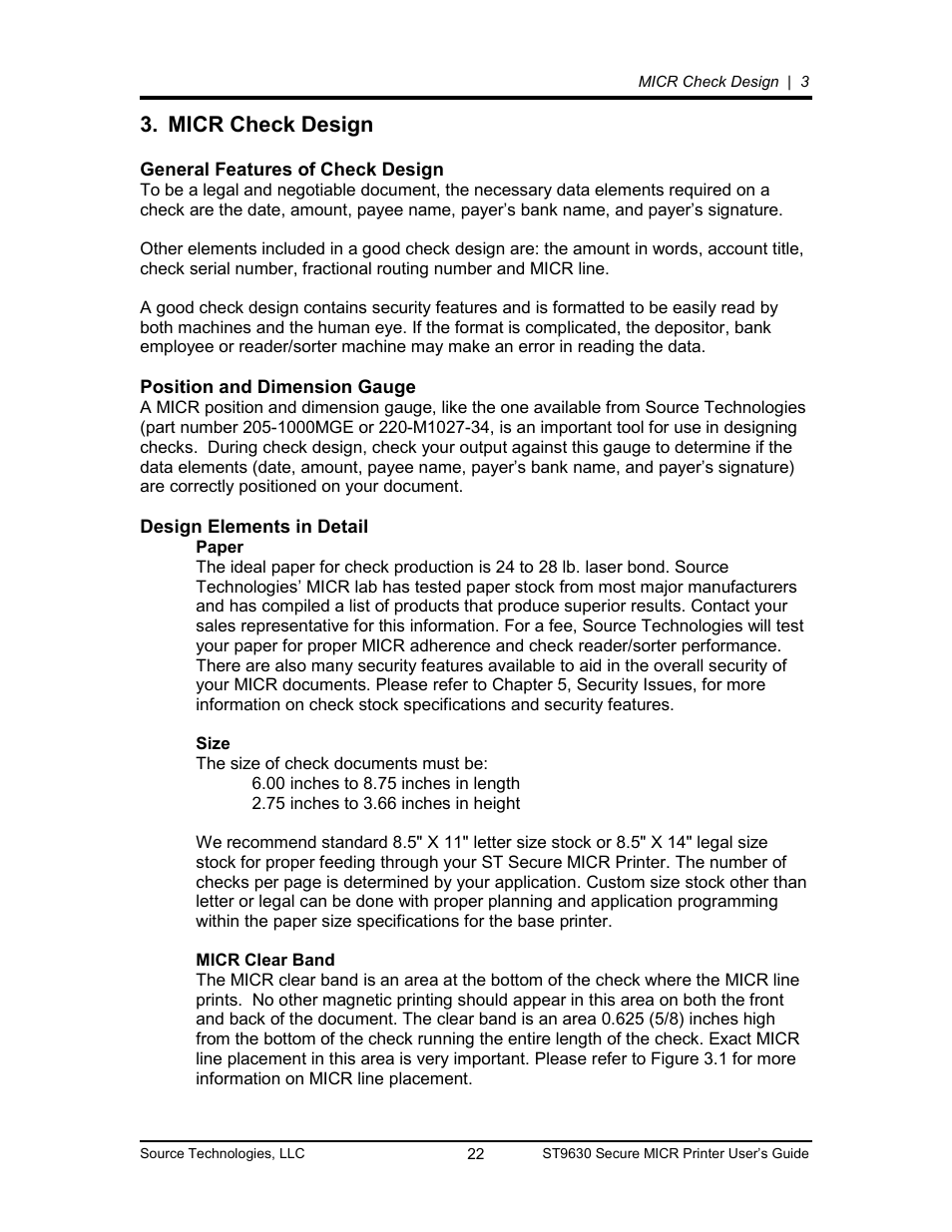 Micr check design 22, General features of check design 22, Position and dimension gauge 22 | Design elements in detail 22, Micr check design, General features of check design, Position and dimension gauge, Design elements in detail | Source Technologies SECURE MICR PRINTER ST9630 User Manual | Page 22 / 79
