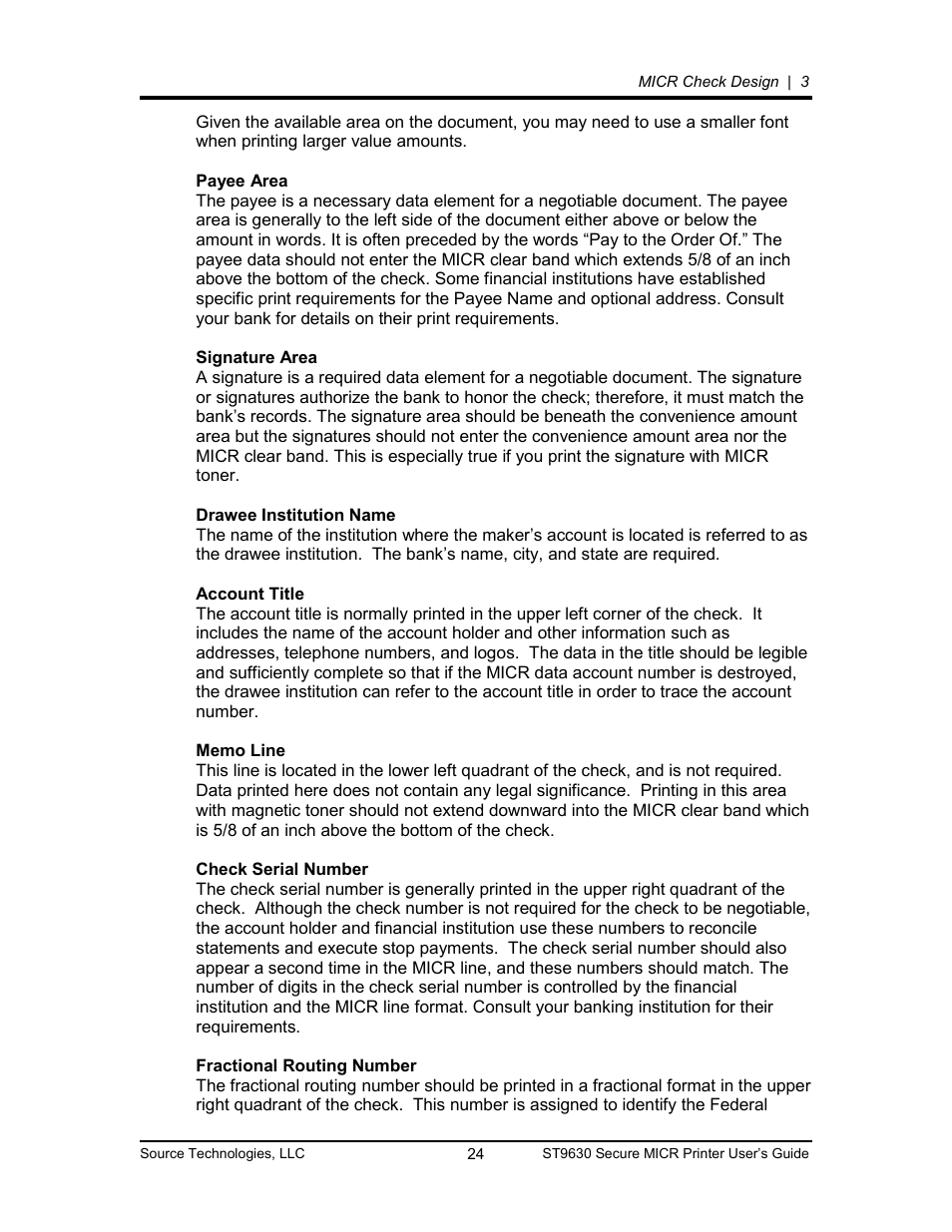 Source Technologies SECURE MICR PRINTER ST9630 User Manual | Page 24 / 79