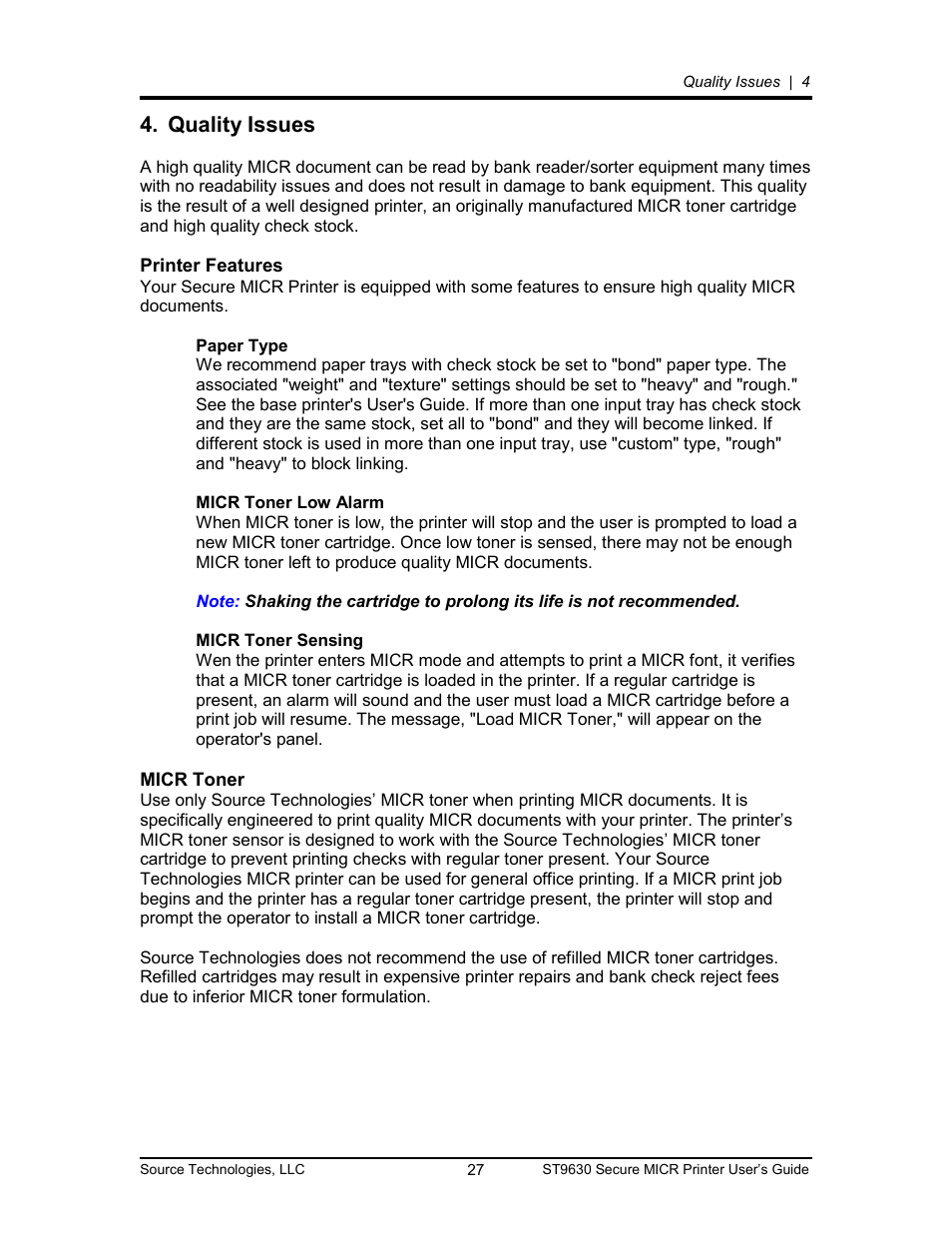 Quality issues 27, Printer features 27, Micr toner 27 | Quality issues, Printer features, Micr toner | Source Technologies SECURE MICR PRINTER ST9630 User Manual | Page 27 / 79