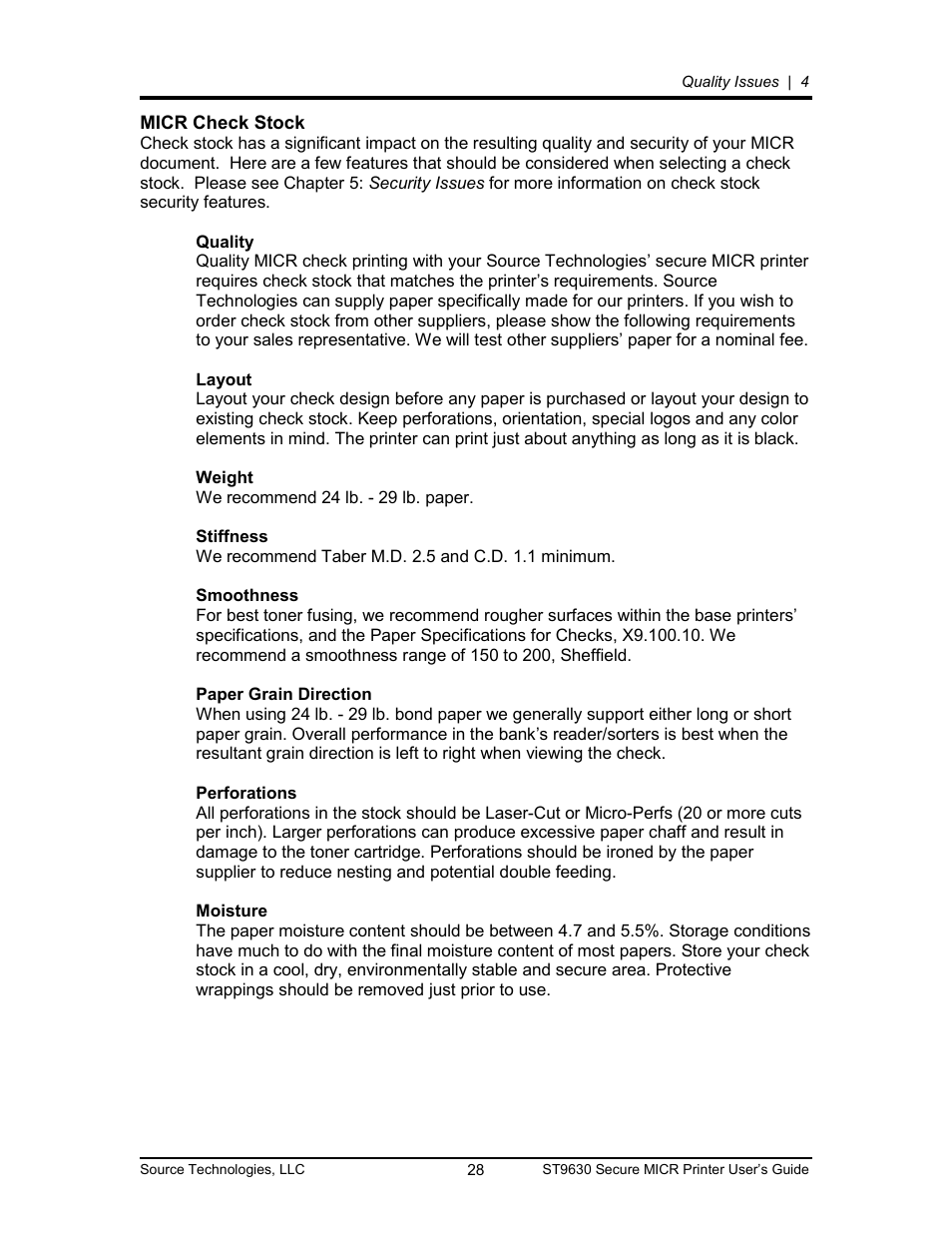 Micr check stock 28, Micr check stock | Source Technologies SECURE MICR PRINTER ST9630 User Manual | Page 28 / 79