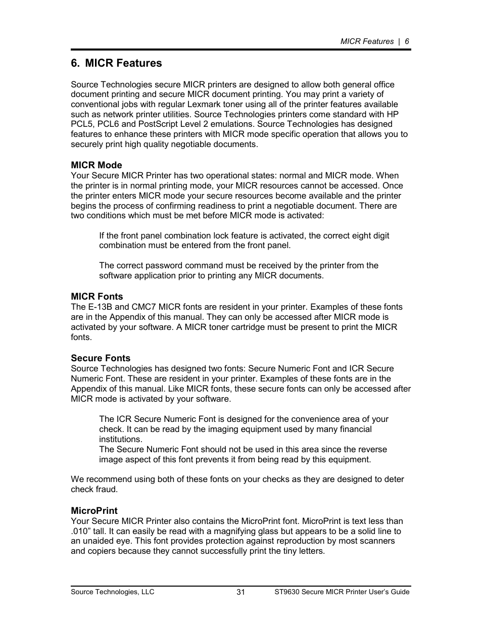 Micr features 31, Micr mode 31, Micr fonts 31 | Secure fonts 31, Microprint 31, Micr features, Micr mode, Micr fonts, Secure fonts, Microprint | Source Technologies SECURE MICR PRINTER ST9630 User Manual | Page 31 / 79