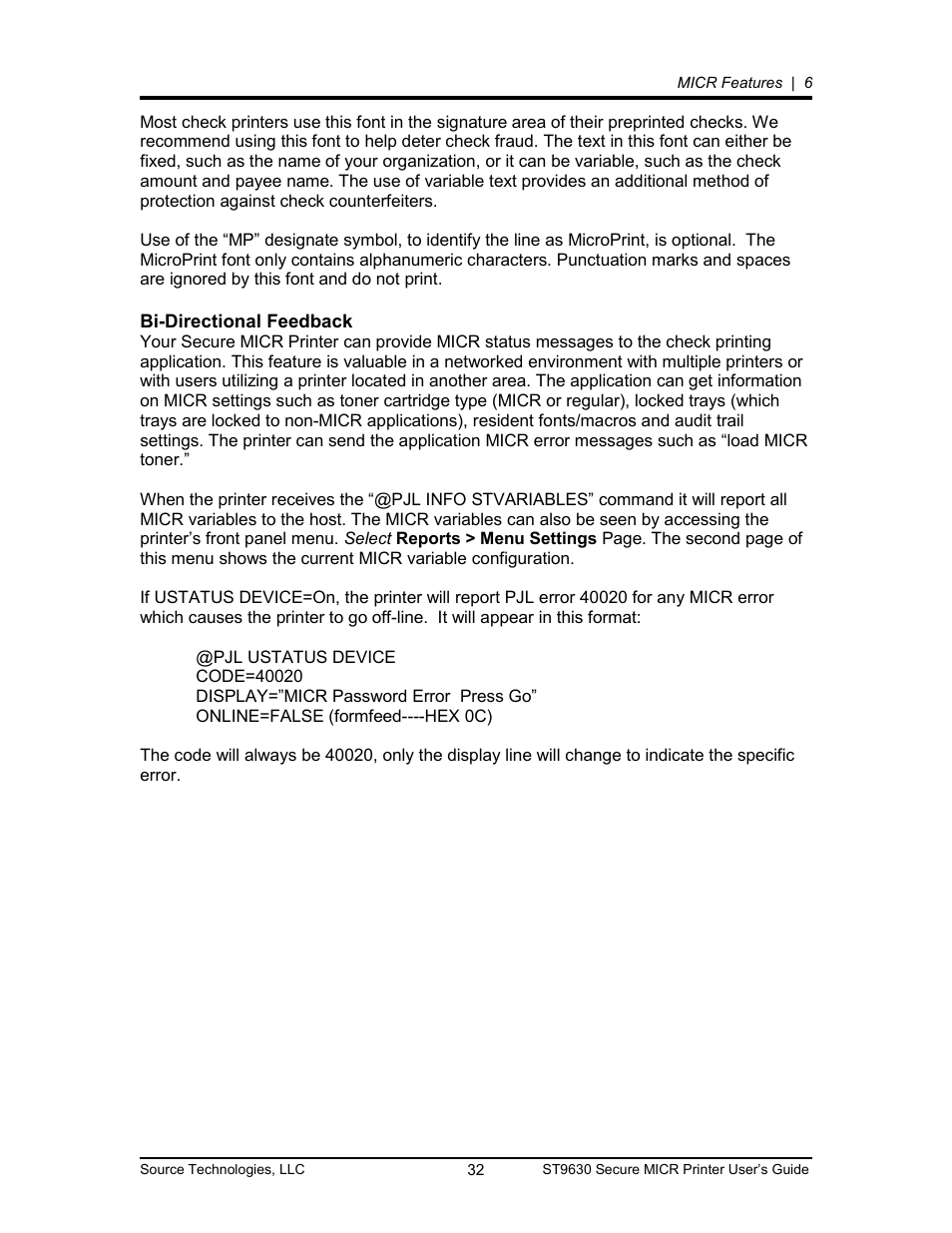 Bi-directional feedback 32, Bi-directional feedback | Source Technologies SECURE MICR PRINTER ST9630 User Manual | Page 32 / 79