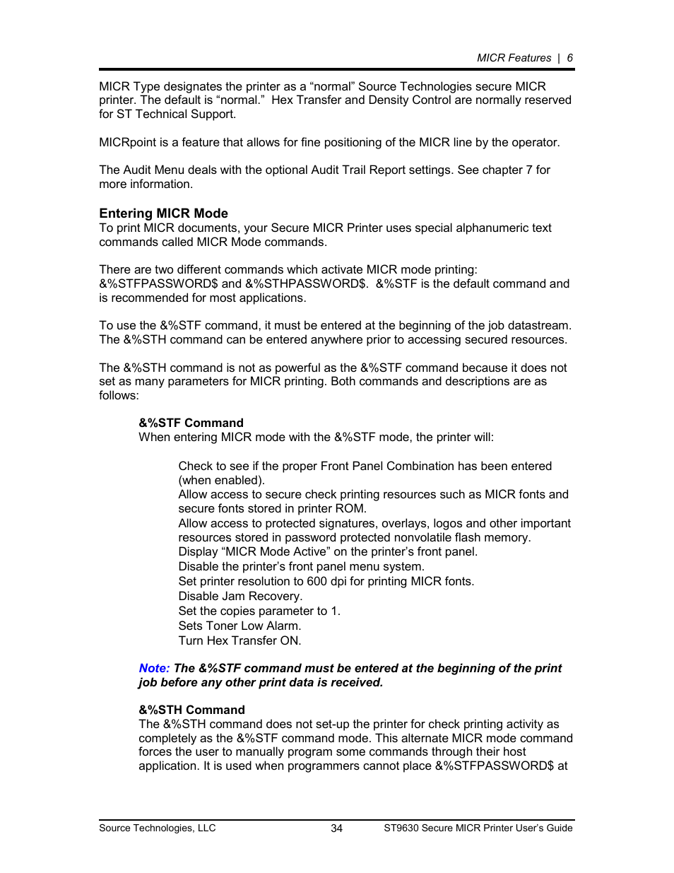 Entering micr mode 34, Entering micr mode | Source Technologies SECURE MICR PRINTER ST9630 User Manual | Page 34 / 79