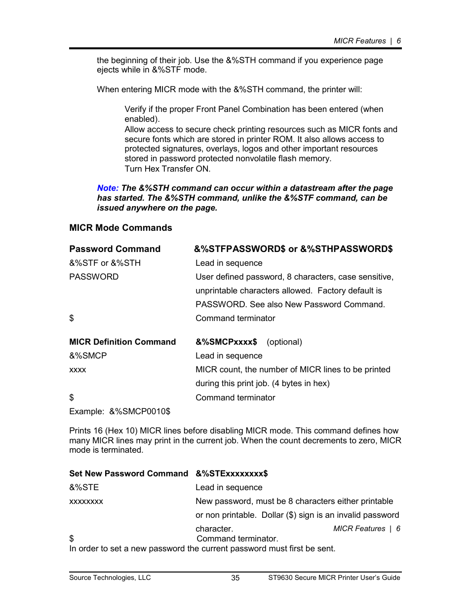 Micr mode commands 35, Micr mode commands | Source Technologies SECURE MICR PRINTER ST9630 User Manual | Page 35 / 79