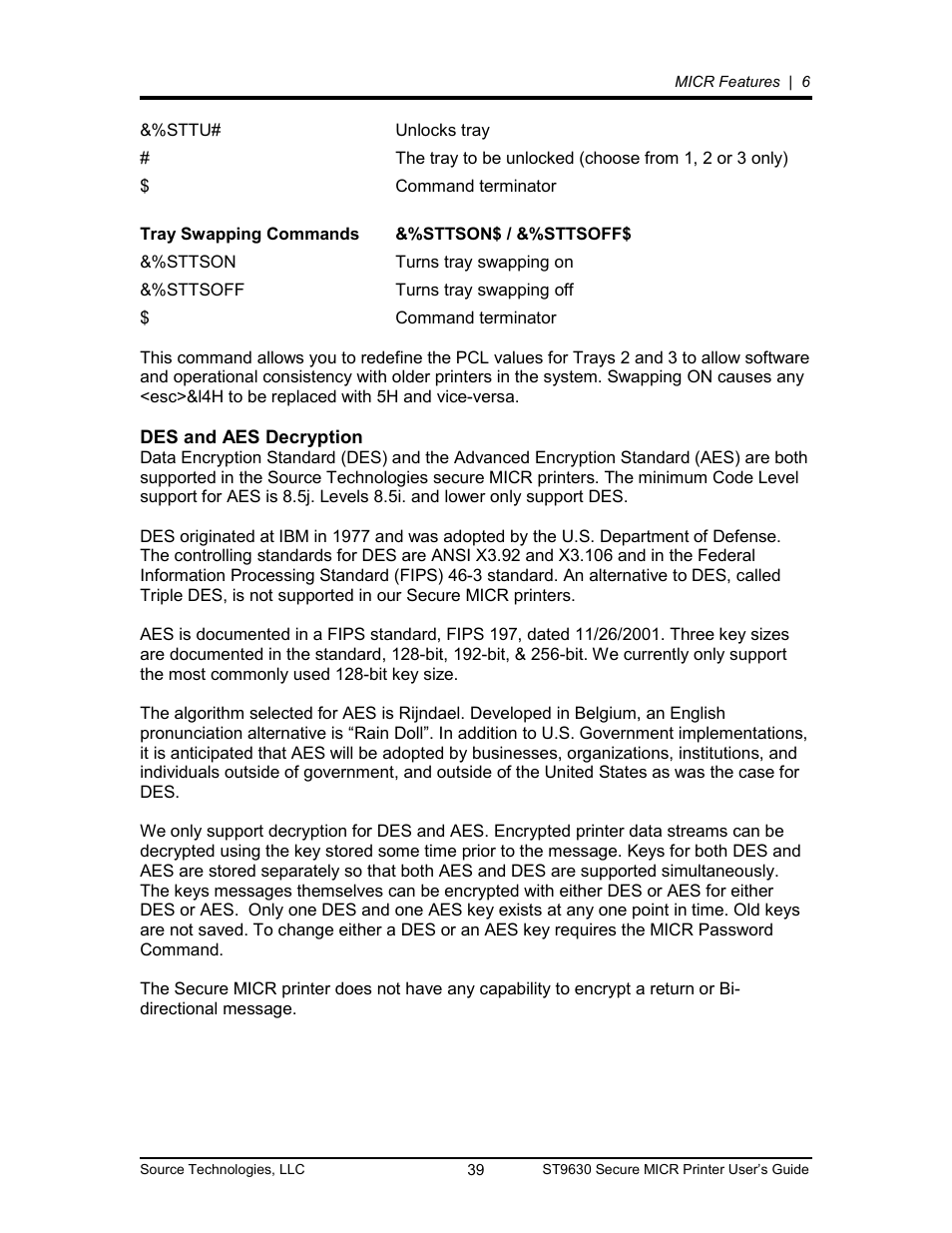 Des and aes decryption 39, Des and aes decryption | Source Technologies SECURE MICR PRINTER ST9630 User Manual | Page 39 / 79