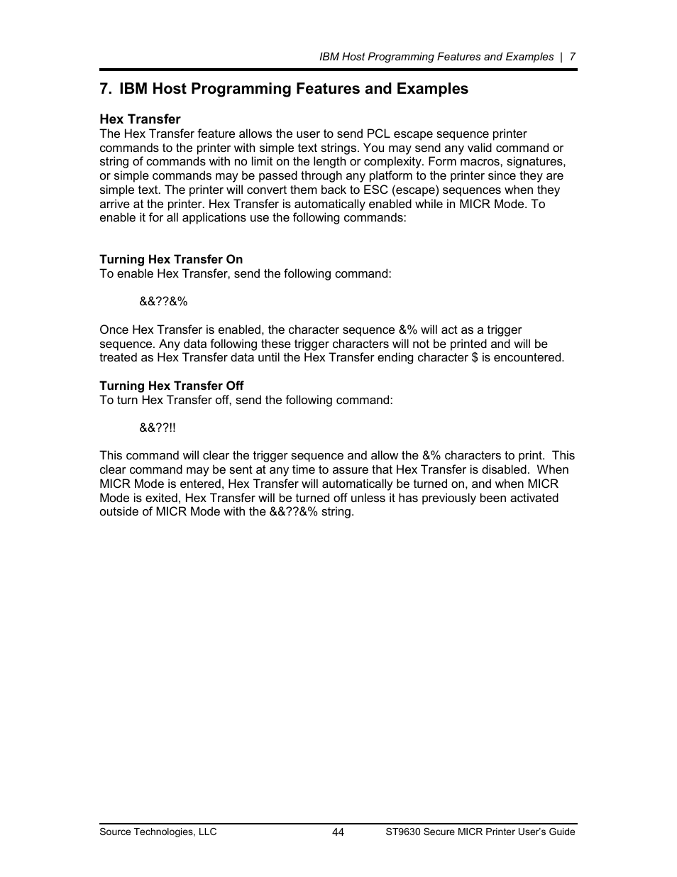 Ibm host programming features and examples 44, Hex transfer 44, Ibm host programming features and examples | Hex transfer | Source Technologies SECURE MICR PRINTER ST9630 User Manual | Page 44 / 79
