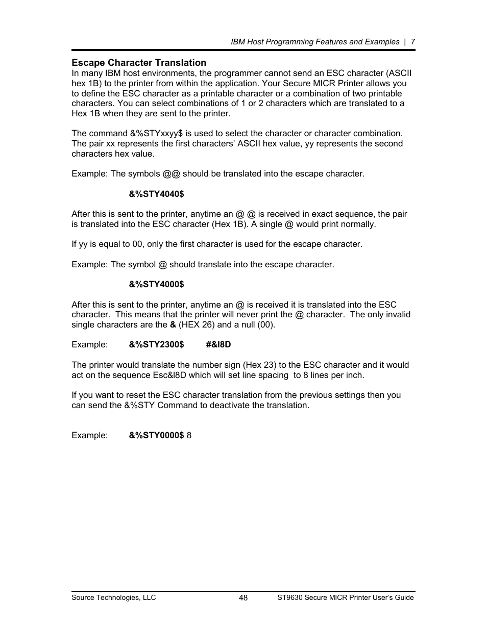 Escape character translation 48, Escape character translation | Source Technologies SECURE MICR PRINTER ST9630 User Manual | Page 48 / 79