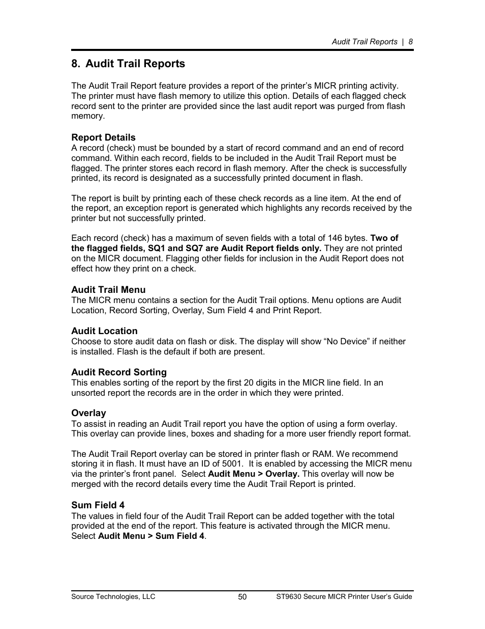 Audit trail reports 50, Report details 50, Audit trail menu 50 | Audit location 50, Audit record sorting 50, Overlay 50, Sum field 4 50, Audit trail reports, Report details, Audit trail menu | Source Technologies SECURE MICR PRINTER ST9630 User Manual | Page 50 / 79