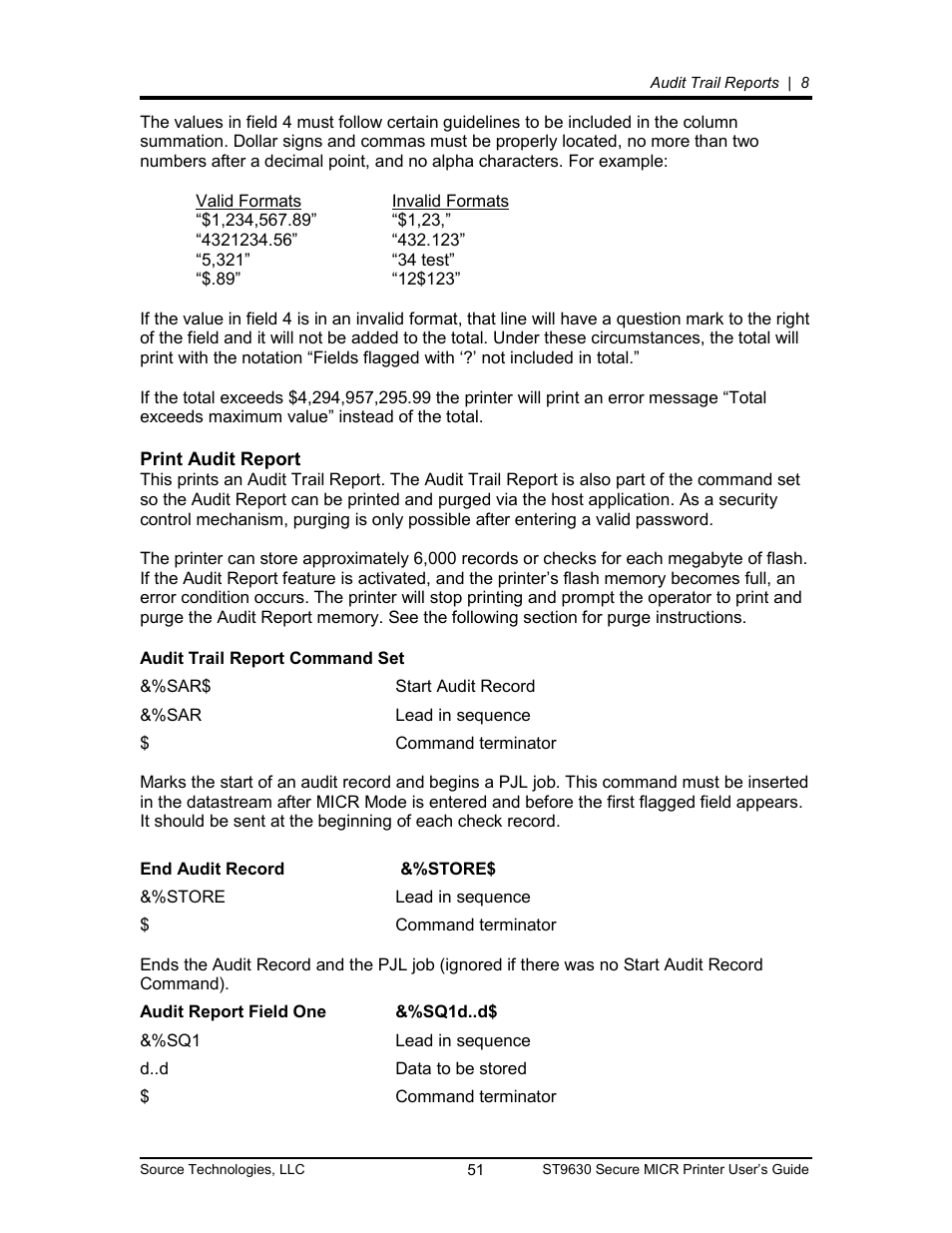 Print audit report 51, Print audit report | Source Technologies SECURE MICR PRINTER ST9630 User Manual | Page 51 / 79