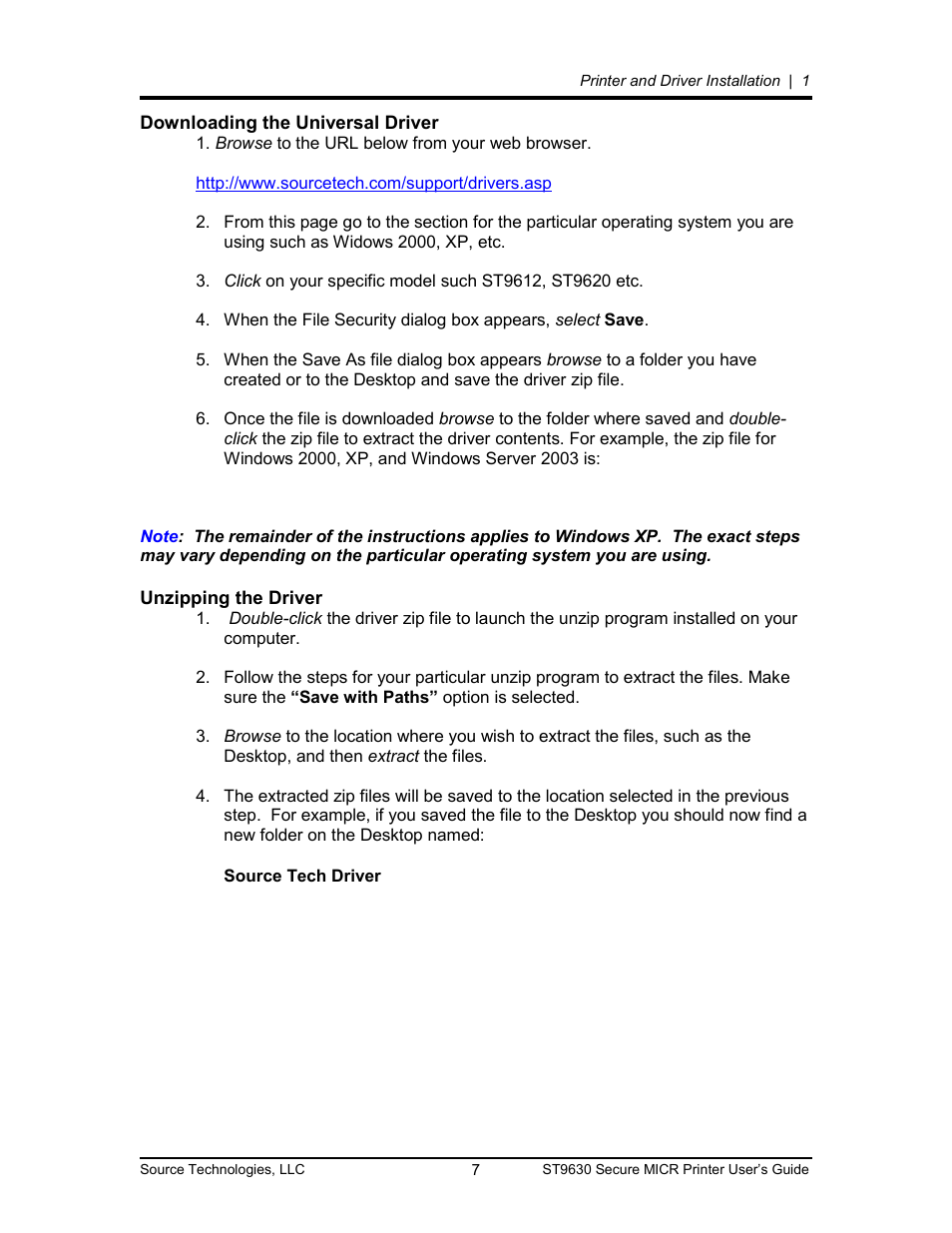 Downloading the universal driver 7, Unzipping the driver 7, Downloading the universal driver | Unzipping the driver | Source Technologies SECURE MICR PRINTER ST9630 User Manual | Page 7 / 79