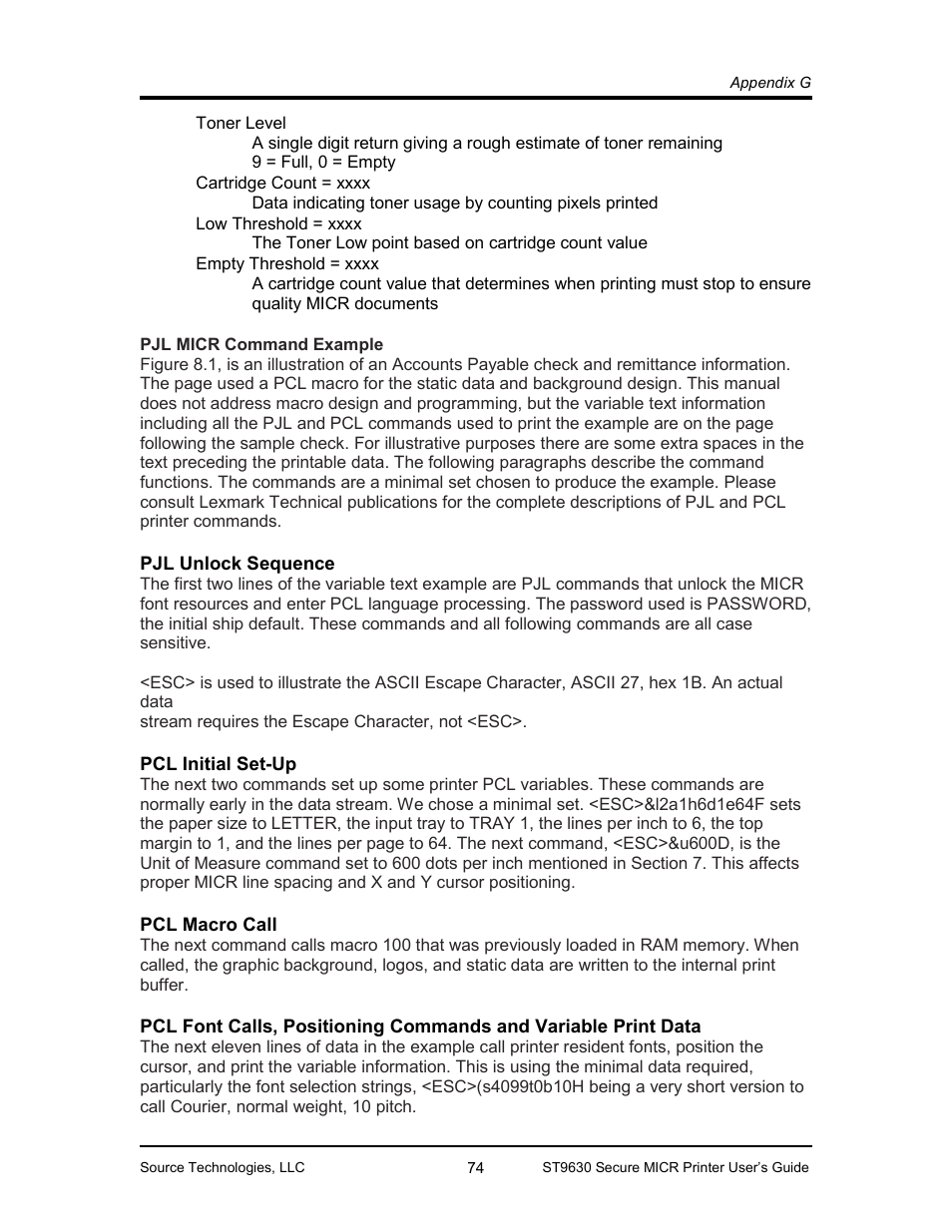 Pjl micr command example 74, Pjl unlock sequence 74, Pcl initial set-up 74 | Pcl macro call 74, Pjl micr command example, Pjl unlock sequence, Pcl initial set-up, Pcl macro call | Source Technologies SECURE MICR PRINTER ST9630 User Manual | Page 76 / 79