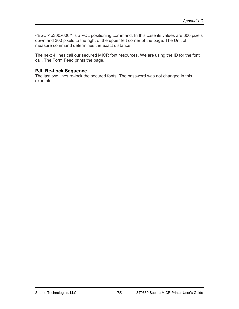 Pjl re-lock sequence 75, Pjl re-lock sequence | Source Technologies SECURE MICR PRINTER ST9630 User Manual | Page 77 / 79