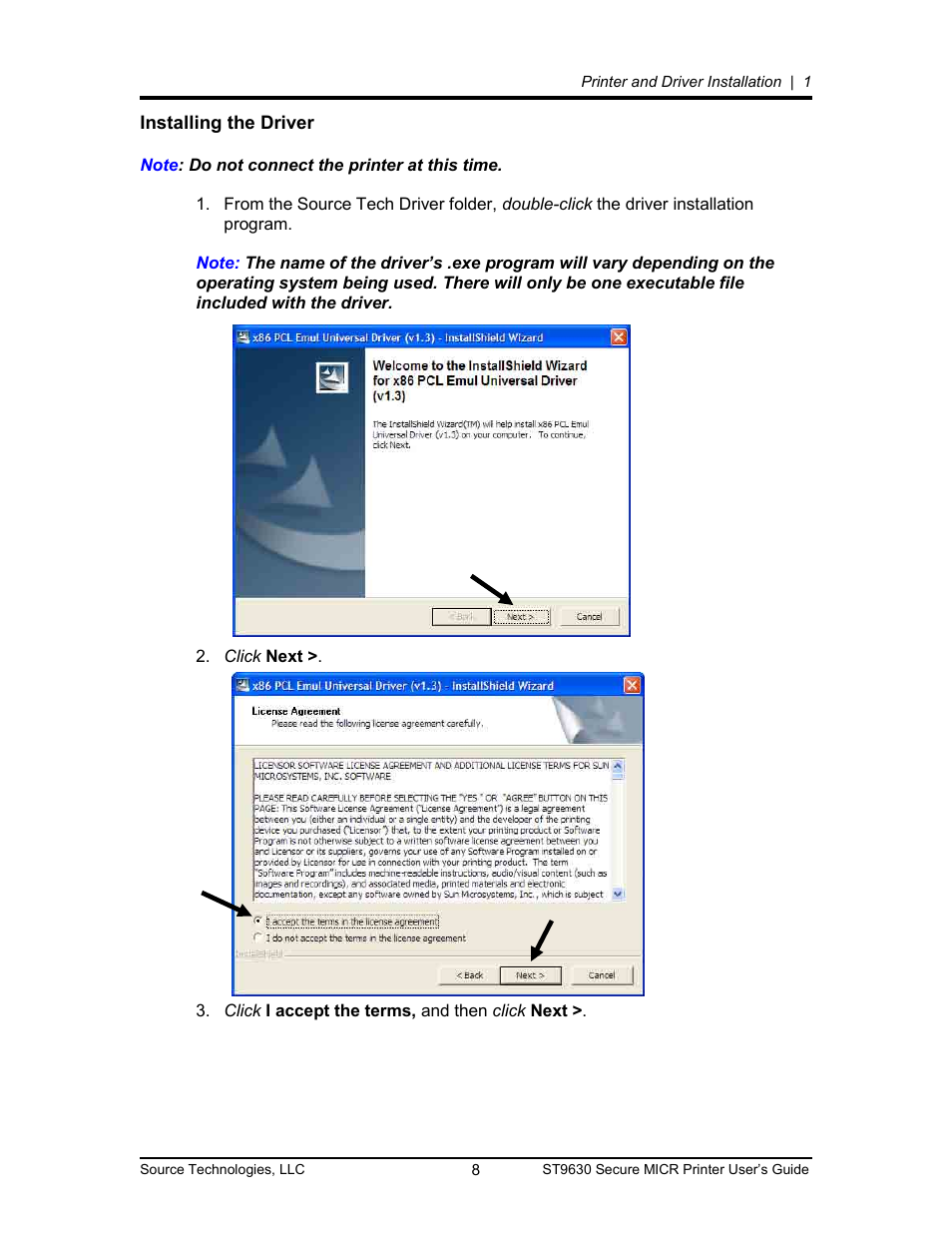 Installing the driver 8, Installing the driver | Source Technologies SECURE MICR PRINTER ST9630 User Manual | Page 8 / 79