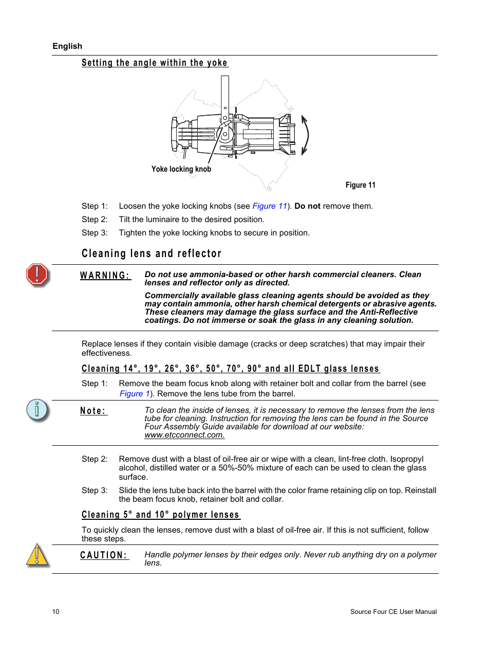 Cleaning lens and reflector, Setting the angle within the yoke, Cleaning 5° and 10° polymer lenses | N o t e | Source Technologies ETC 470 User Manual | Page 12 / 16