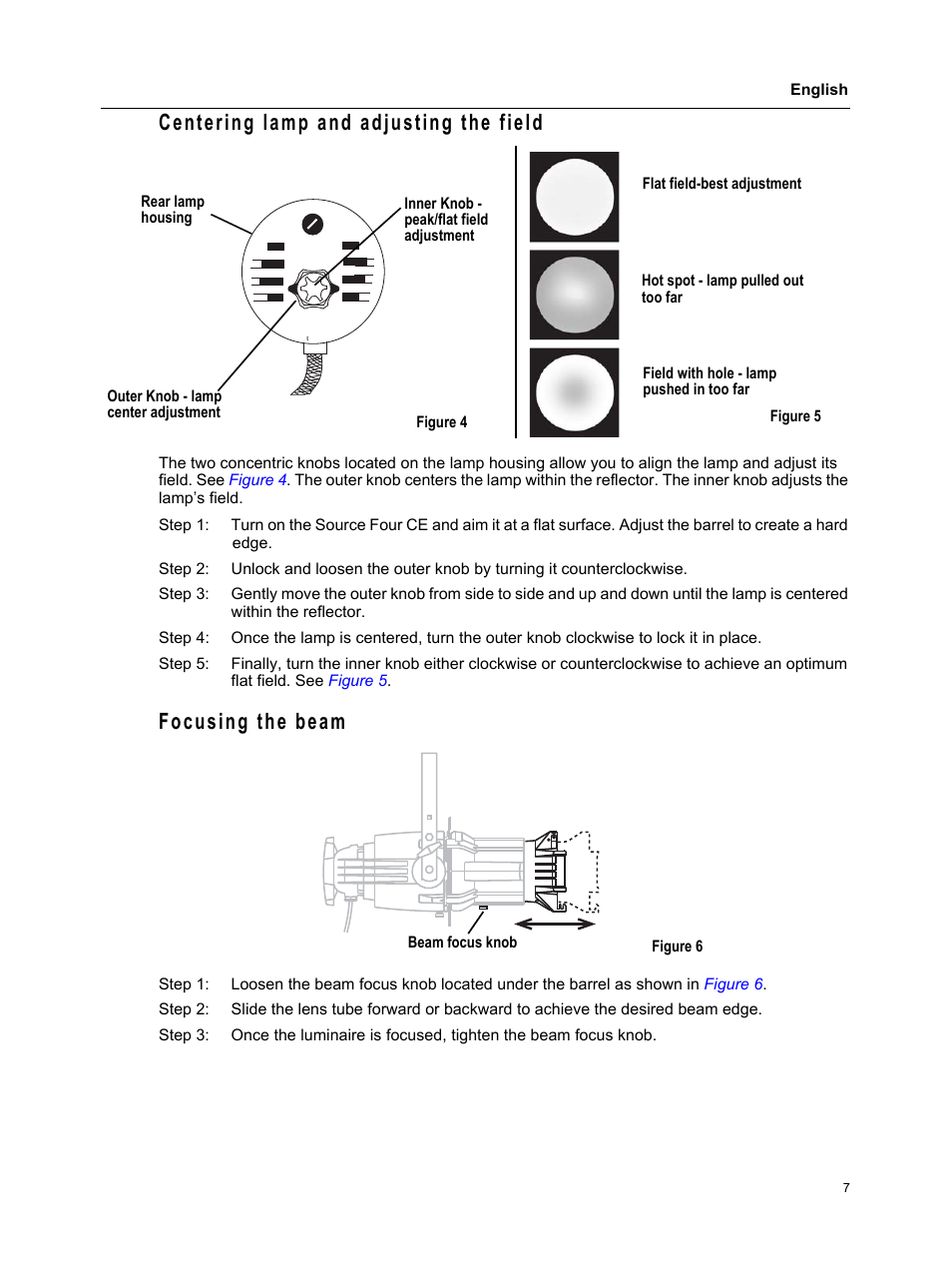 Centering lamp and adjusting the field, Focusing the beam | Source Technologies ETC 470 User Manual | Page 9 / 16