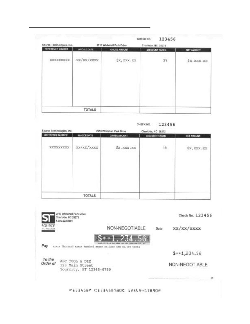 Figure 8.1 sample accounts payable check | Source Technologies 1352 MICR 40 User Manual | Page 64 / 65