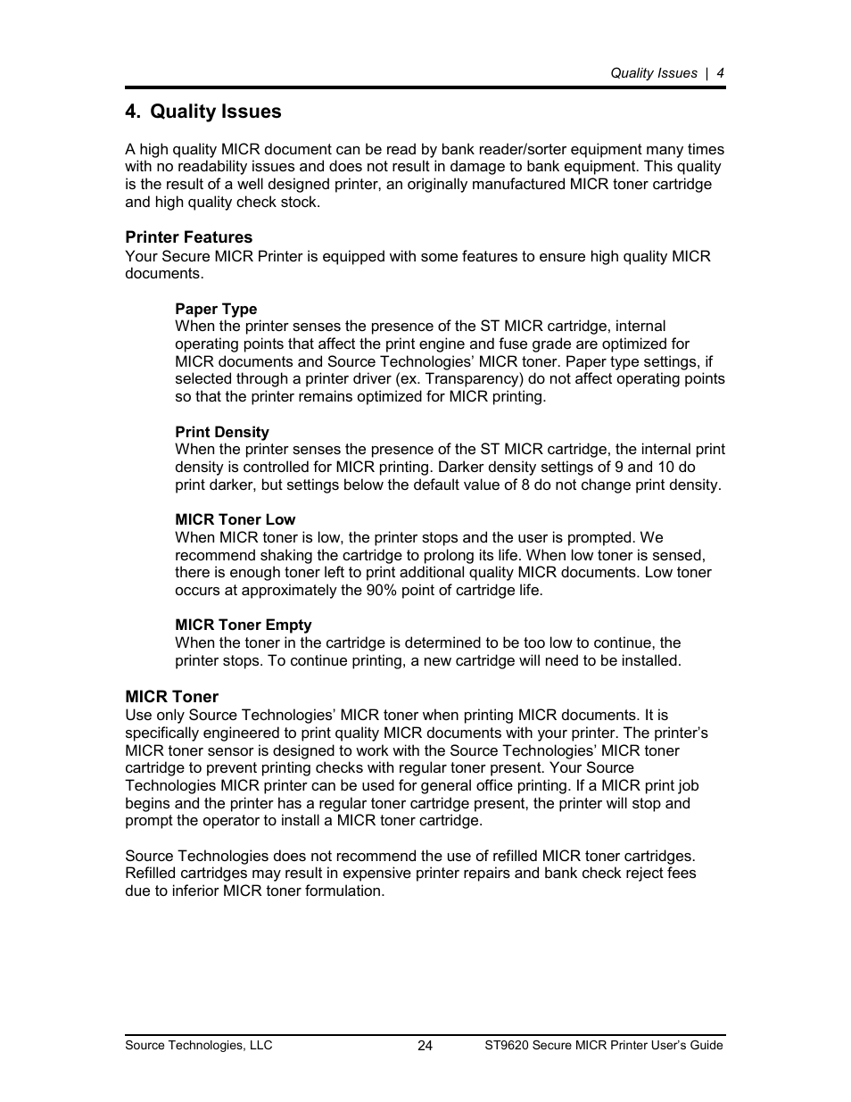 Quality issues, Printer features, Micr toner | Source Technologies ST9620 User Manual | Page 27 / 82