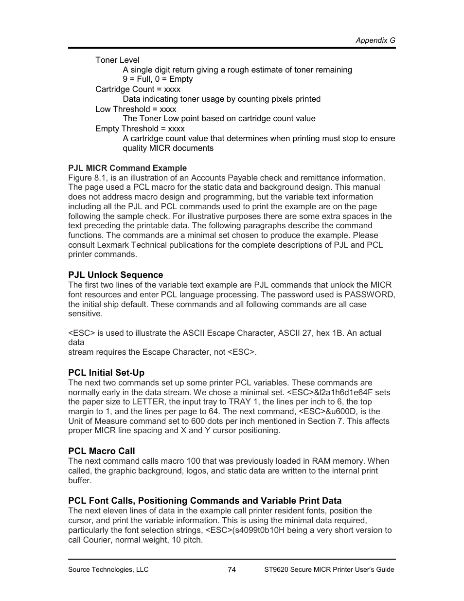 Pjl micr command example, Pjl unlock sequence, Pcl initial set-up | Pcl macro call | Source Technologies ST9620 User Manual | Page 77 / 82