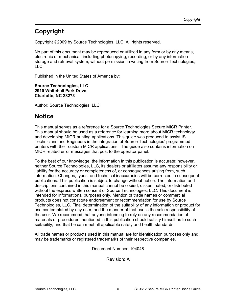 Copyright, Notice | Source Technologies SECURE MICR PRINTER ST9612 User Manual | Page 2 / 47