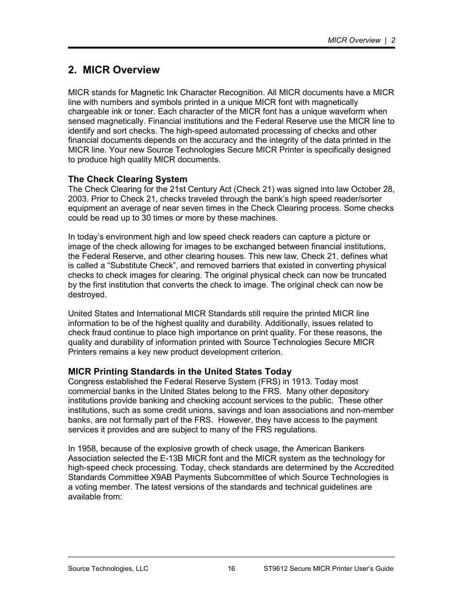 Micr overview, The check clearing system, Micr printing standards in the united states today | Source Technologies SECURE MICR PRINTER ST9612 User Manual | Page 20 / 47