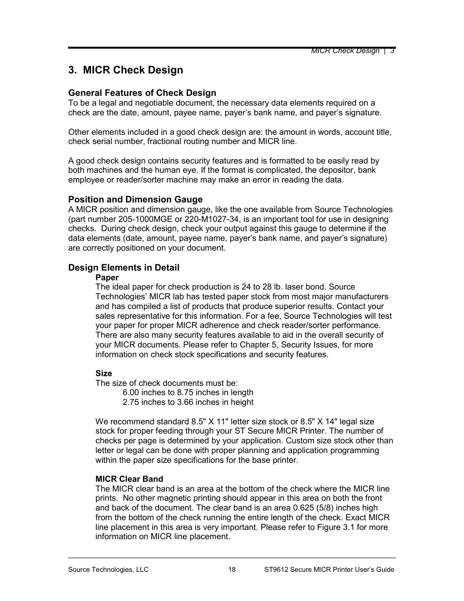 Micr check design, General features of check design, Position and dimension gauge | Design elements in detail | Source Technologies SECURE MICR PRINTER ST9612 User Manual | Page 22 / 47