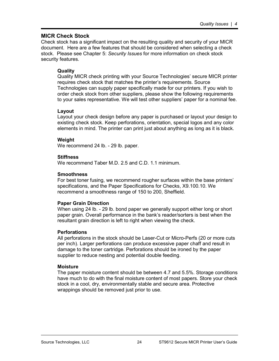 Micr check stock | Source Technologies SECURE MICR PRINTER ST9612 User Manual | Page 28 / 47