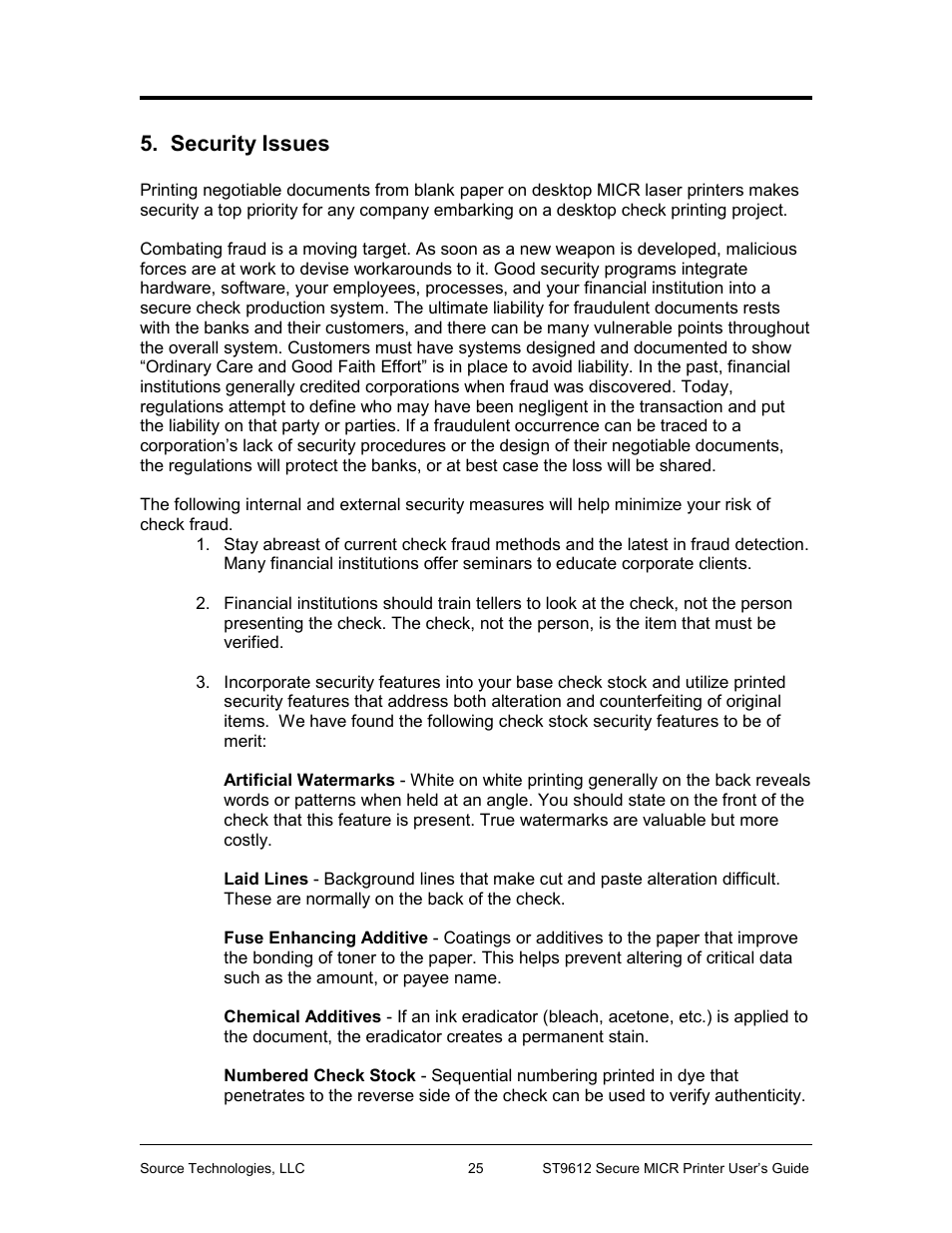 Security issues | Source Technologies SECURE MICR PRINTER ST9612 User Manual | Page 29 / 47
