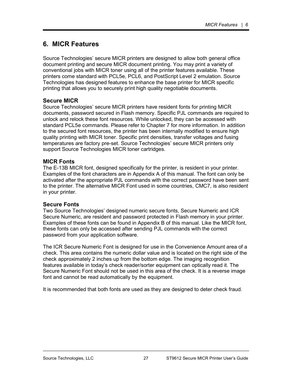 Micr features, Secure micr, Micr fonts | Secure fonts | Source Technologies SECURE MICR PRINTER ST9612 User Manual | Page 31 / 47
