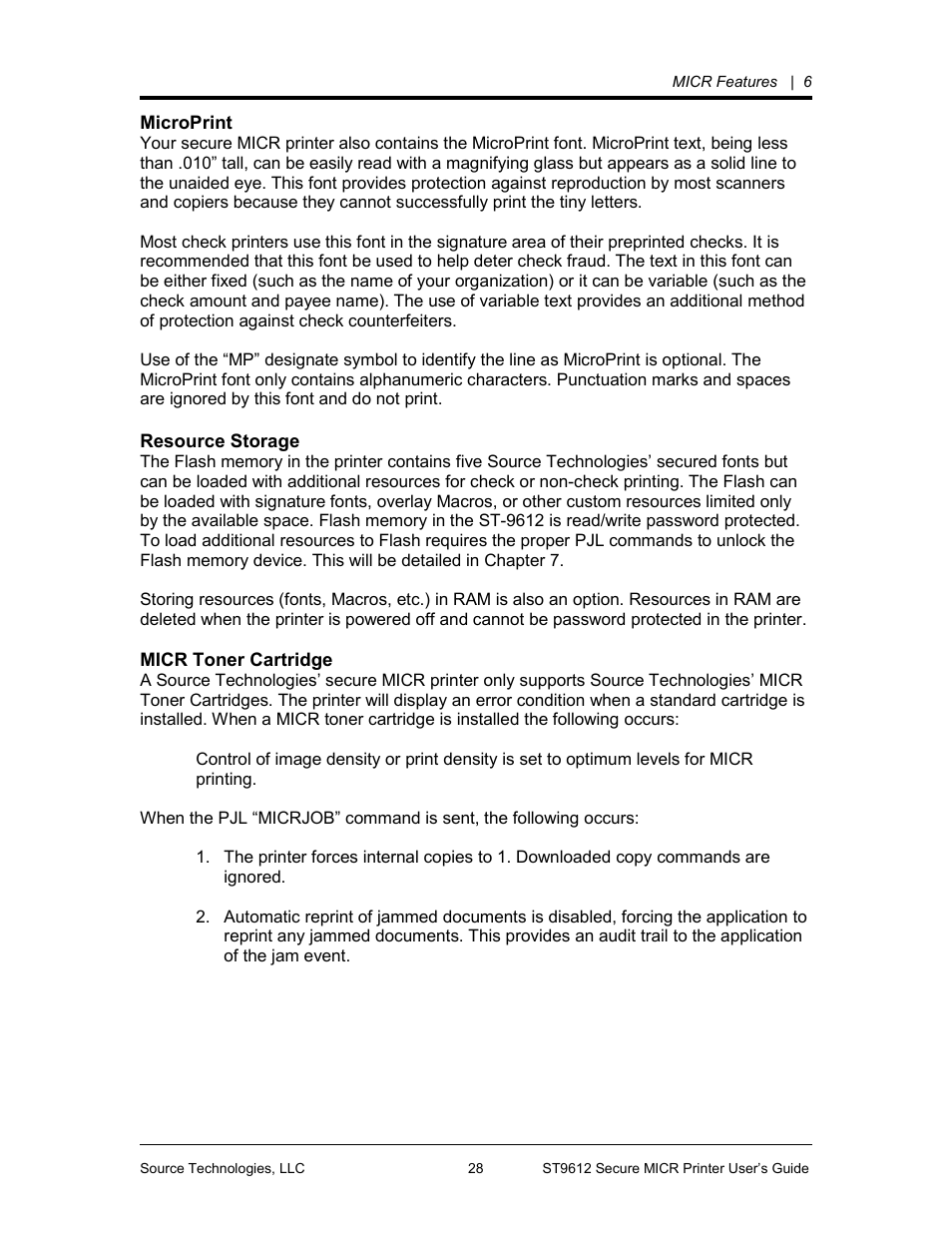 Microprint, Resource storage | Source Technologies SECURE MICR PRINTER ST9612 User Manual | Page 32 / 47
