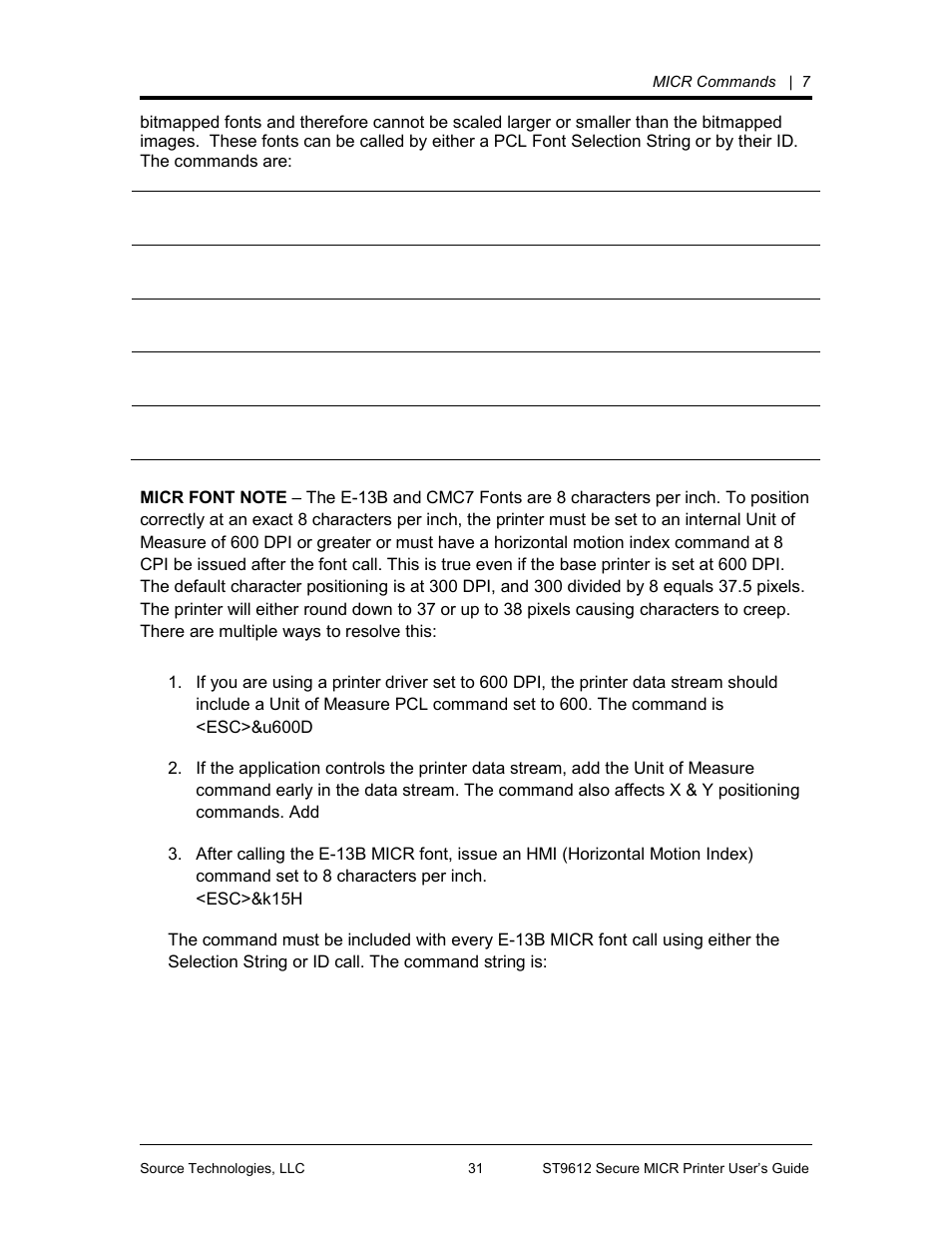 Micr commands, Pjl micrjob, Fonts and secured resources | Source Technologies SECURE MICR PRINTER ST9612 User Manual | Page 34 / 47