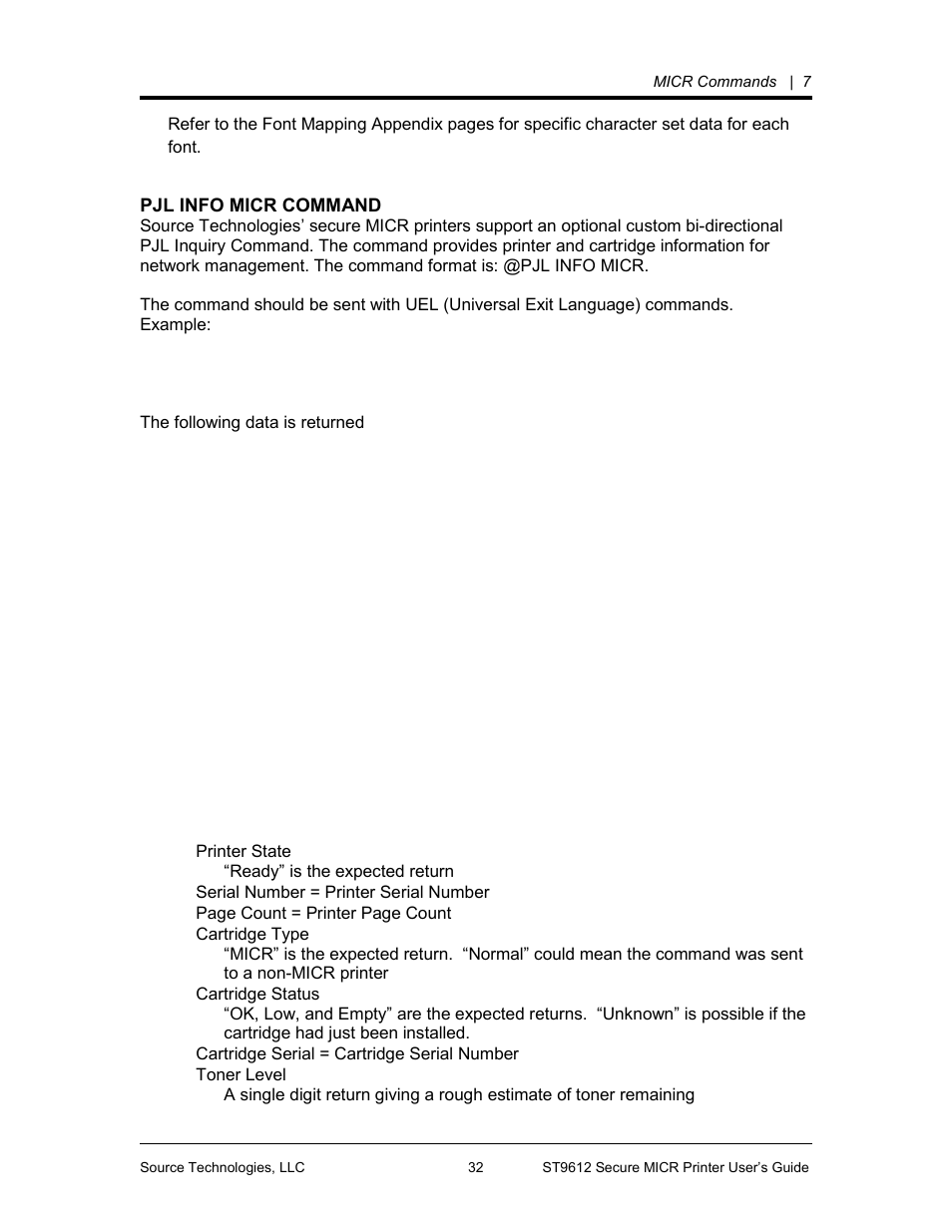 Pjl unlock sequence, Pjl re-lock sequence, Pjl re-lock sequence with a new password value | Pcl font call commands | Source Technologies SECURE MICR PRINTER ST9612 User Manual | Page 35 / 47