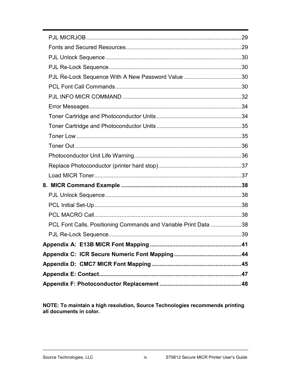 Source Technologies SECURE MICR PRINTER ST9612 User Manual | Page 4 / 47
