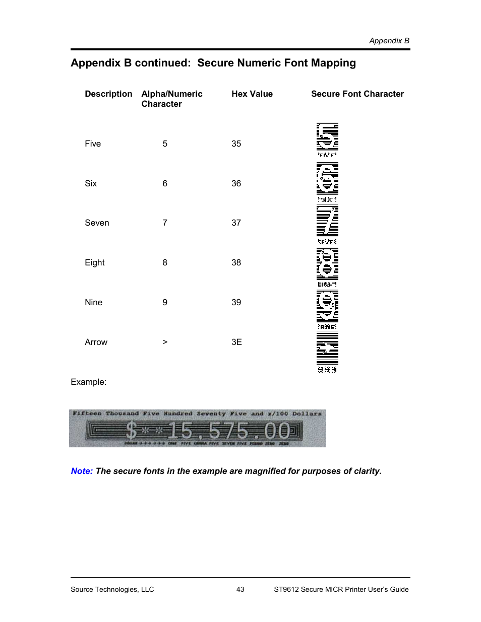 Micr command example, Pjl unlock sequence, Pcl initial set-up | Pcl macro call, Appendix b continued: secure numeric font mapping | Source Technologies SECURE MICR PRINTER ST9612 User Manual | Page 43 / 47