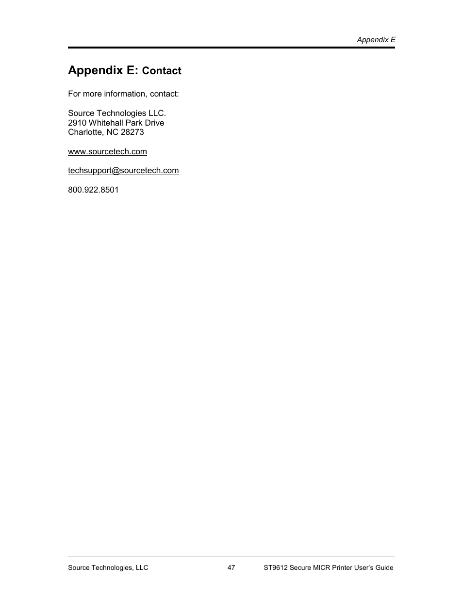 Appendix e, Contact | Source Technologies SECURE MICR PRINTER ST9612 User Manual | Page 45 / 47