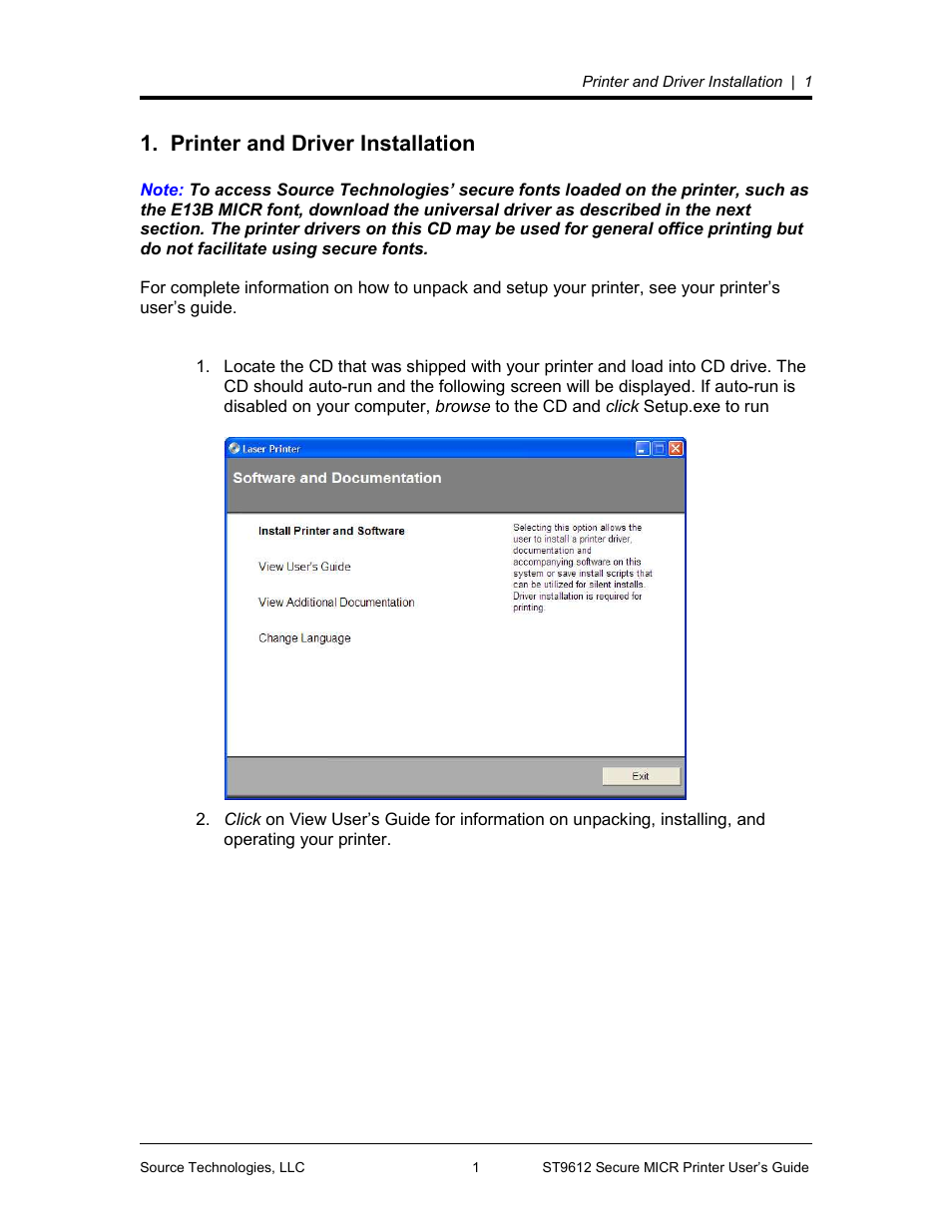Printer and driver installation | Source Technologies SECURE MICR PRINTER ST9612 User Manual | Page 5 / 47