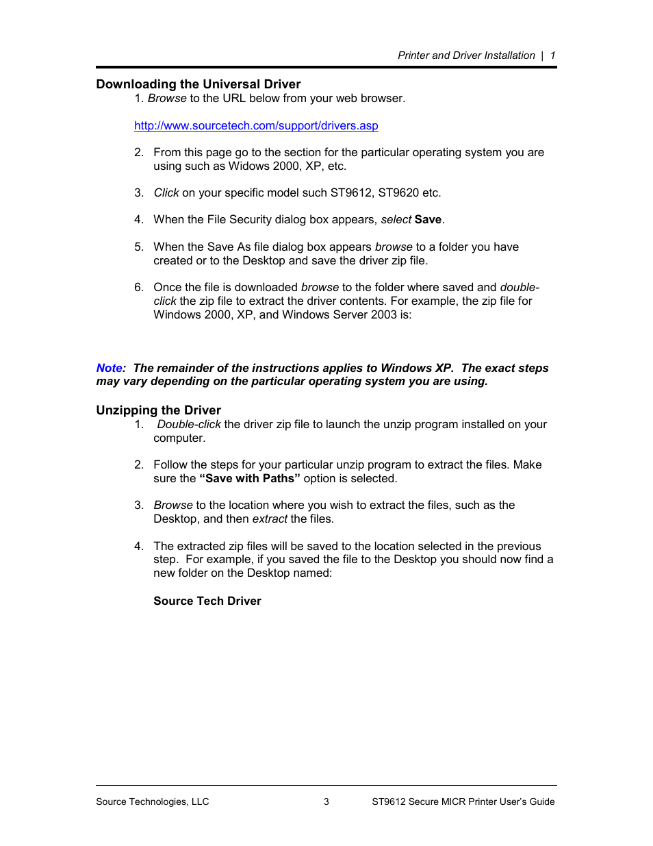 Downloading the universal driver, Unzipping the driver | Source Technologies SECURE MICR PRINTER ST9612 User Manual | Page 7 / 47
