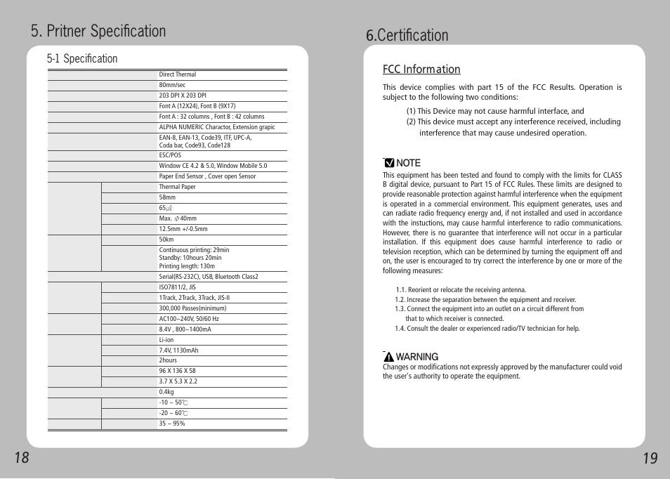 Pritner specification, Fcc information, 1 specification | Warning | Source Technologies STM.58B User Manual | Page 11 / 12