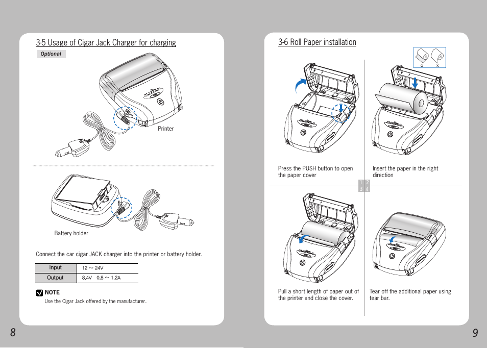 6 roll paper installation, 5 usage of cigar jack charger for charging | Source Technologies STM.117B User Manual | Page 6 / 13