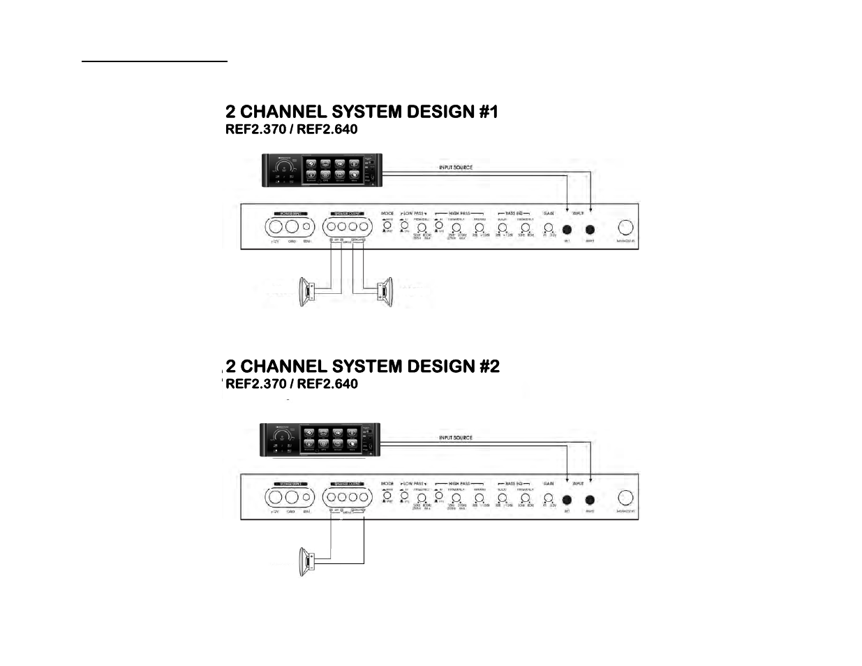 System diagrams, 2 channel system design #1, 2 channel system design #2 | Soundstream Technologies REF2.370 User Manual | Page 14 / 20