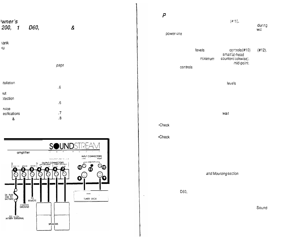 Led 0 wer indicator, Input level adjustment, Protection circuits | Bridging the amp to mono | Soundstream Technologies D60 User Manual | Page 2 / 4